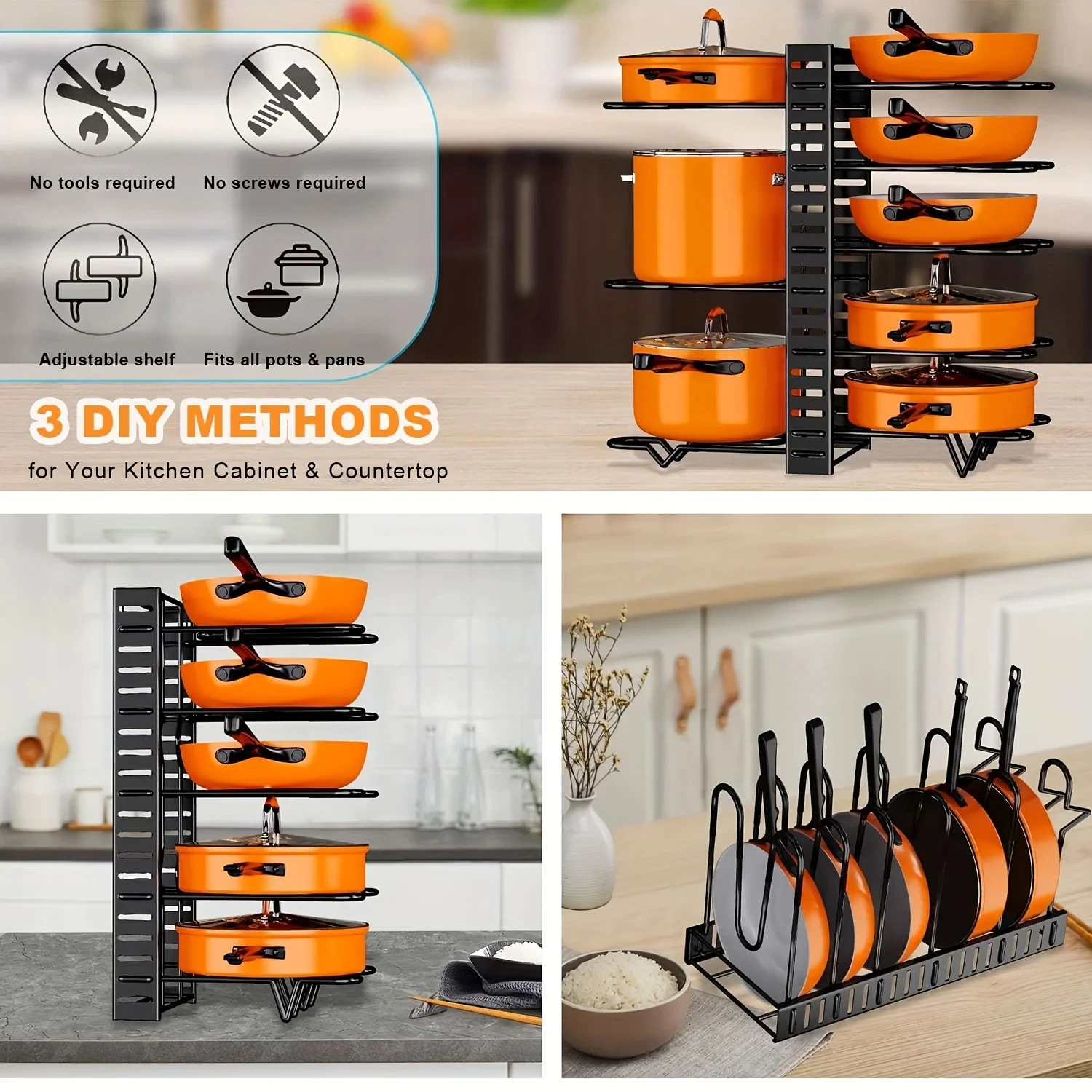 Space-Saving 8-Tier Pot Rack Organizer - Durable Metal Holder for Pans, Pots, and Lids to Keep Your Kitchen Neat and Tidy - Image 2