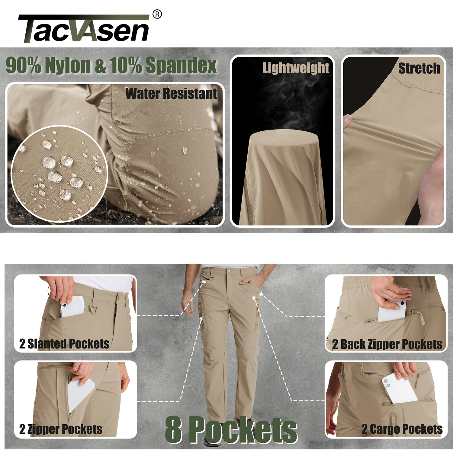 TACVASEN Summer Lightweight Trousers Mens Fishing Pants Outdoor Hiking Nylon Quick Dry Pockets Cargo Pants Casual Work Trousers - Image 4