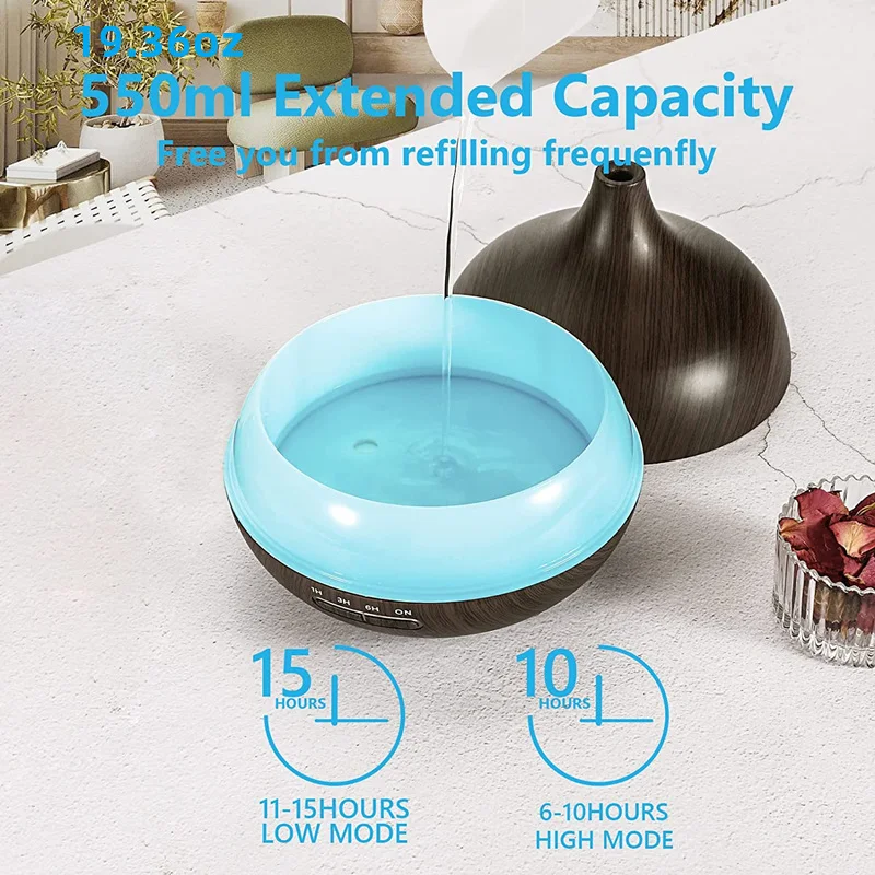 550ml Wood Color USB Aroma Diffuser, Essential Oil Diffuser with 7 Color LED Lights & Remote Control, USB Powered Air Humidifier - Image 3