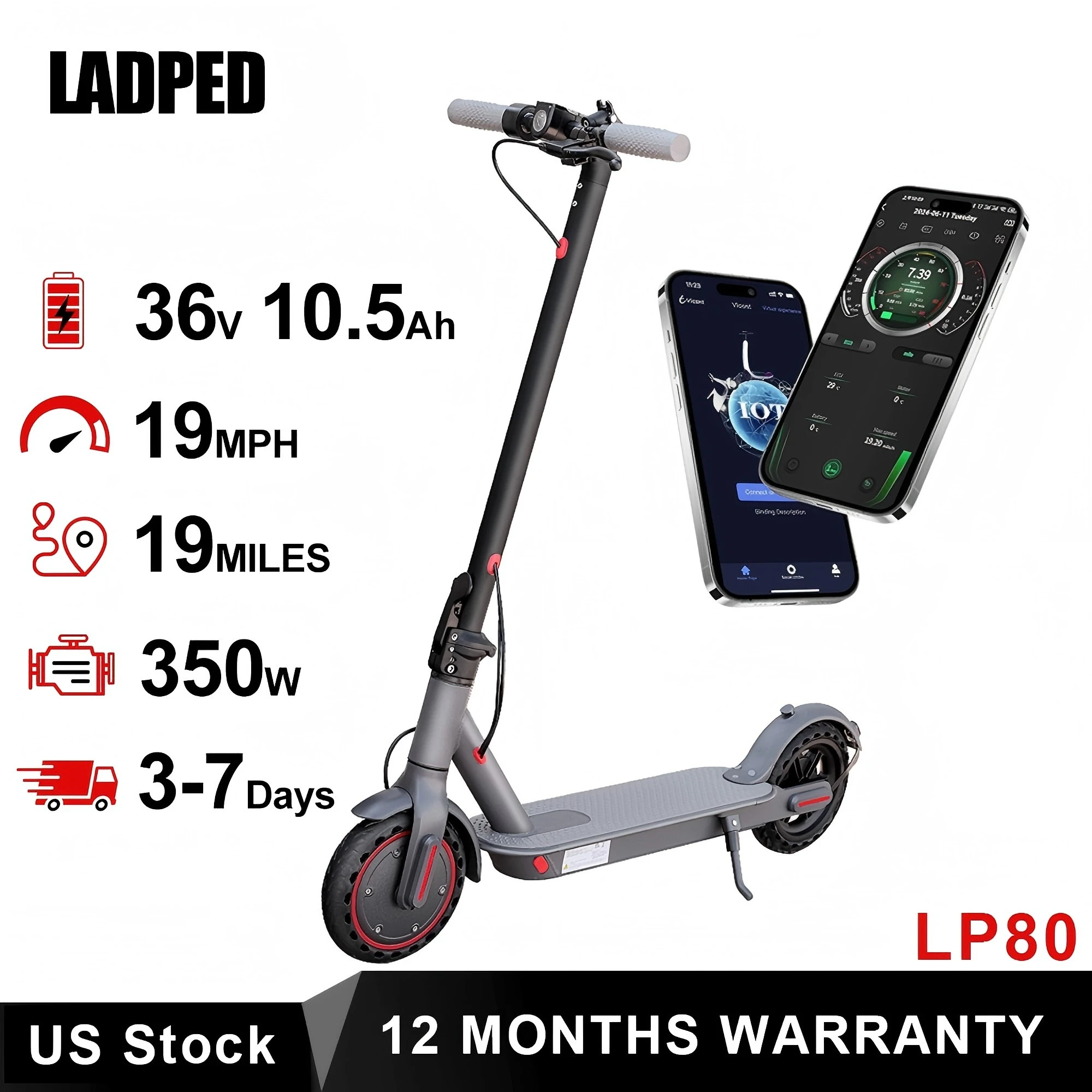 LADPED Electric Scooter 350W 19mph APP Smart Scooter Shock-absorbing Anti-skid 8.5 Inches Folding waterproof Electric Scooter