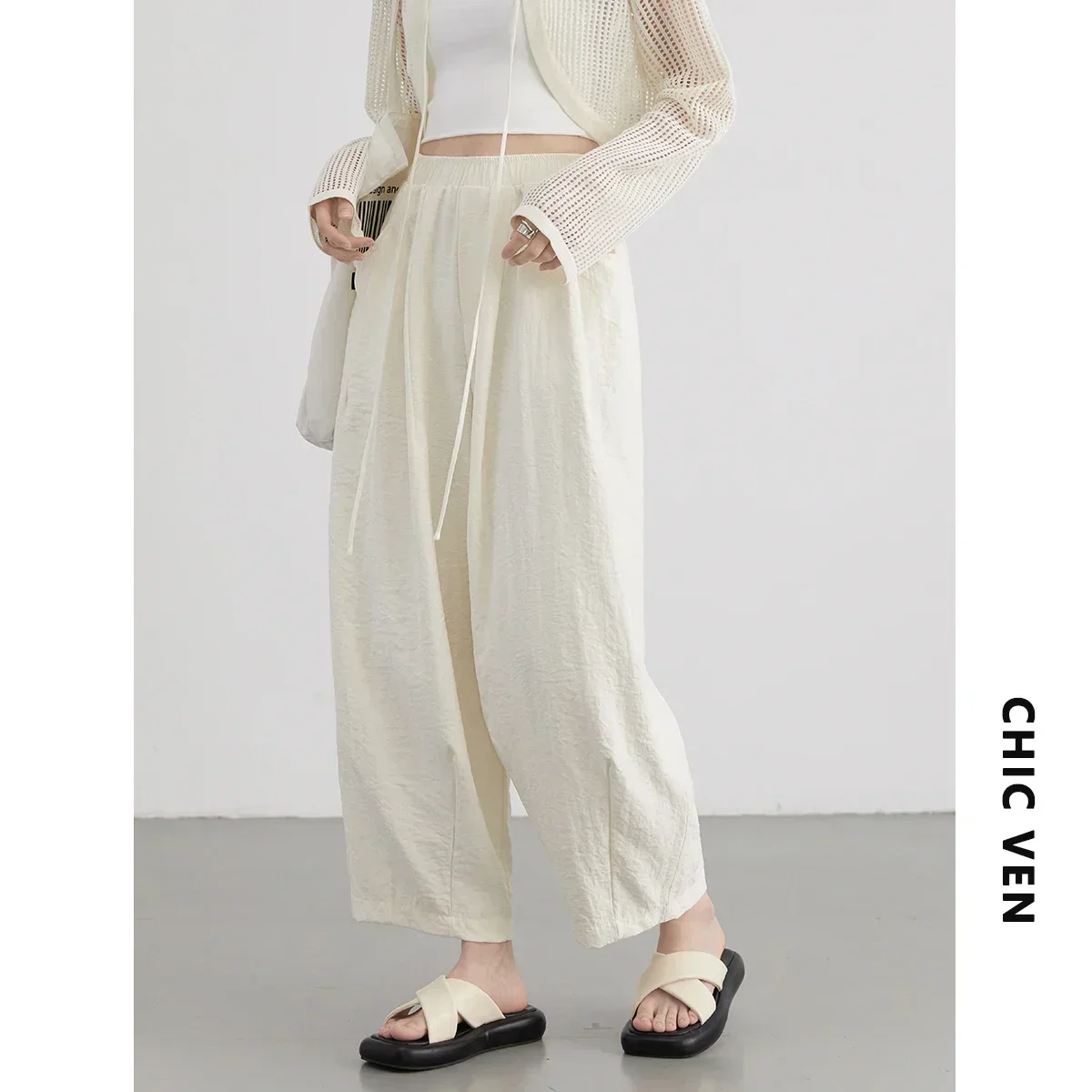 CHIC VEN Women White Pants Solid Casual Elastic Waist High Waisted Pleated Wide Leg Female Trousers Fold Summer 2025 Clothing - Image 6