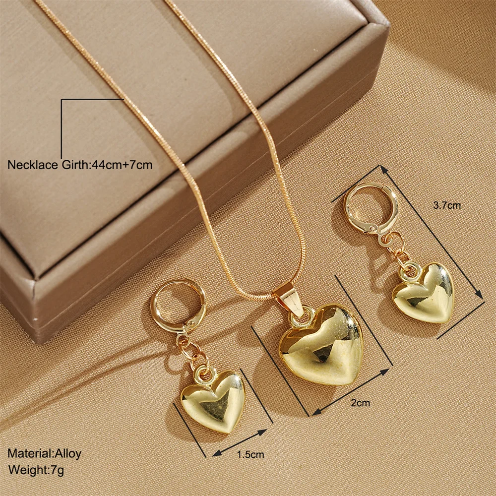 Glossy Gold Plated Metal Love Heart Dangle Earrings Necklace Jewelry Set for Women Simple Dainty Daily Wear Outfit Accessories - Image 3