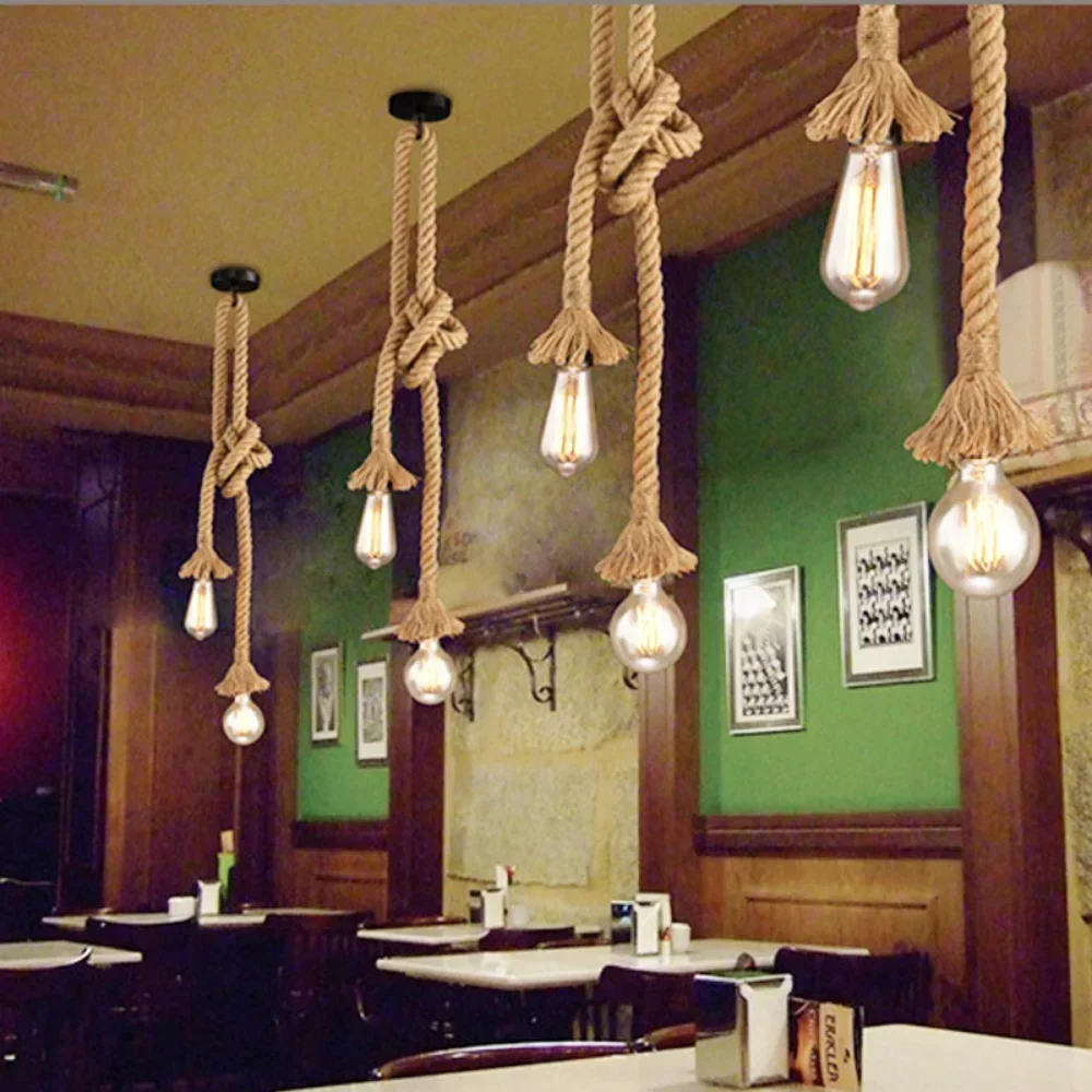 Industrial E27 Vintage Hemp Rope Pendant Lights Attic Personality Indoor Lightings for Loft/Living Room/Bar Pendant Chandelier - Image 2