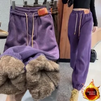 Women's Fleece-Lined Sweatpants Loose-Fit Casual Wool Cotton Warmcotton Wadded Trousers European Style Winter New Arrival