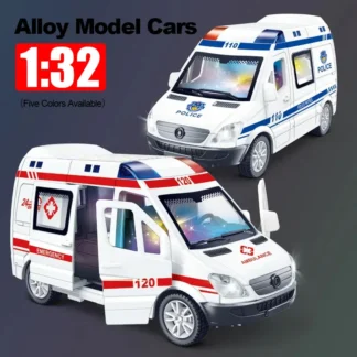 1:32 Hospital Rescue Ambulance Police Diecast Car Model with Pull Back Sound Light Toys Gifts BoysToy Car Gift for Kids