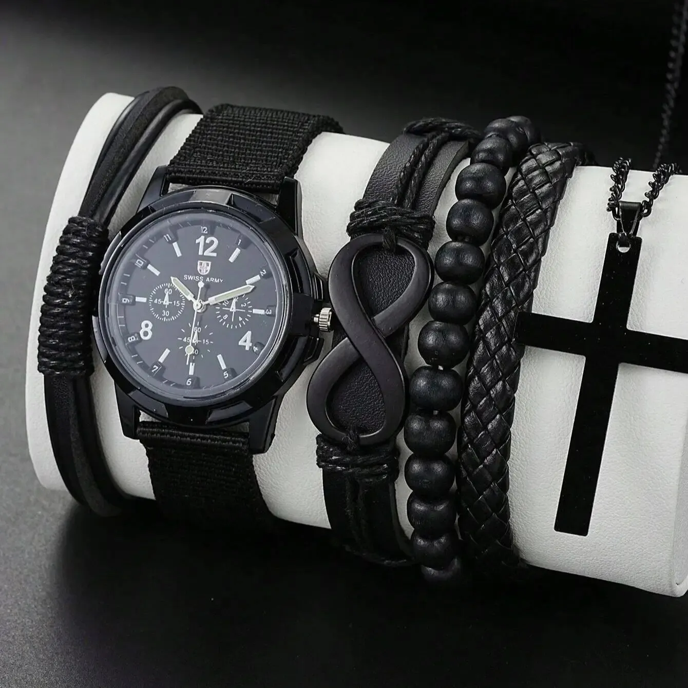 6pcs_Set Fashionable Pu Leather '8' Shape Beaded Bracelet With Mechanical Watch, Cross Pendant Necklace For Men, Black-Colored - Image 2