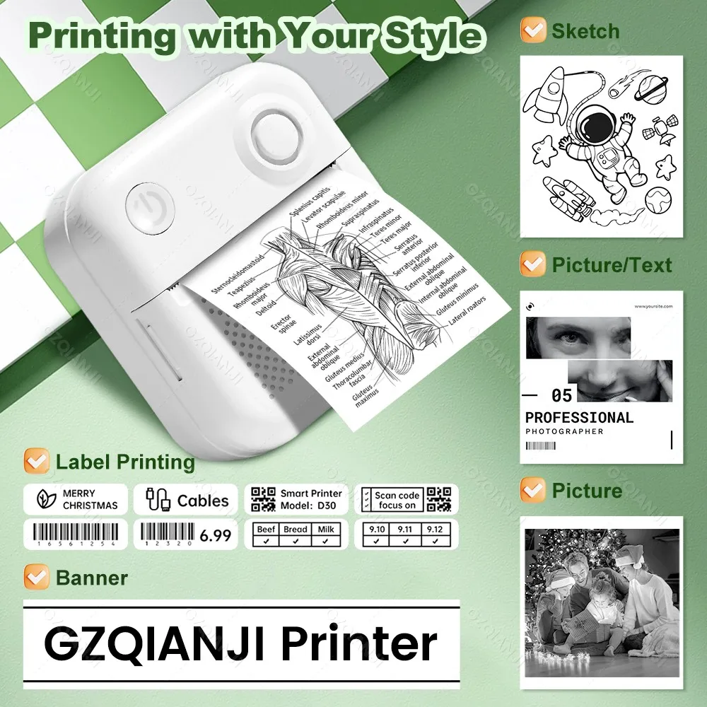 GZQIANJI D3 Portable PrinterThermal Paper Stickers Paper Mini Printers Labels Maker Printer for Error Printing Photo Printing - Image 2