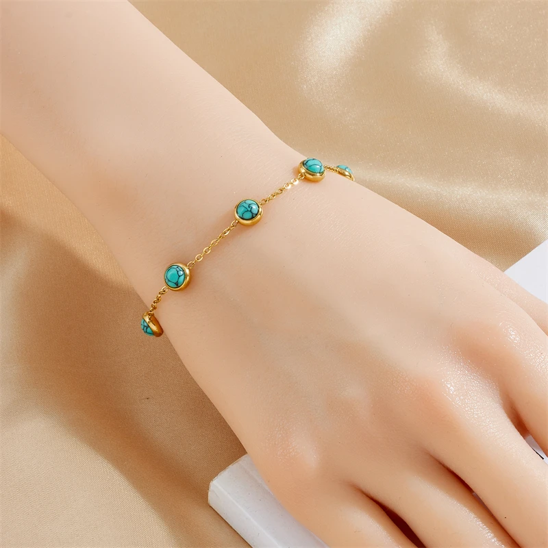 DIEYURO 316L Stainless Steel Round Turquoise Necklace Bracelet Earrings Suit For Womens 2024 New TrendNon-fadingjewelry Set - Image 5