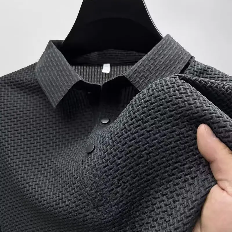 Summer New Men's Lop-up Hollow Short-sleeved Polo Tee Shirt Ice Silk Breathable Business Fashion T-Shirt Male Brand Clothes - Image 7