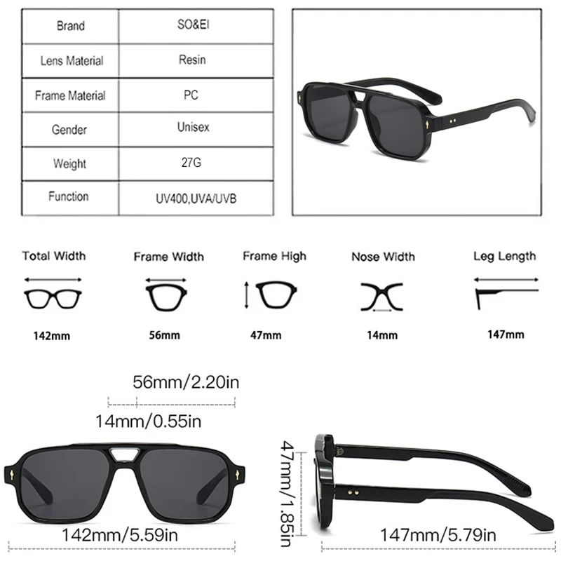 SO&EI Vintage Double Bridges Men Square Sunglasses Fashion Clear Ocean Lens Eyewear Women Trending Rivets Sun Glasses UV400 - Image 5