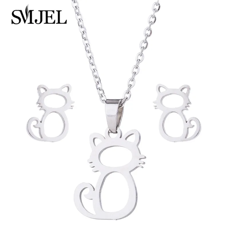 Lovely Gold Color Kitten Cat Stainless Steel Jewelry Set Necklaces Men Collares Fashion Hollow Cat Earring Necklace Paw Jewelry - Image 5