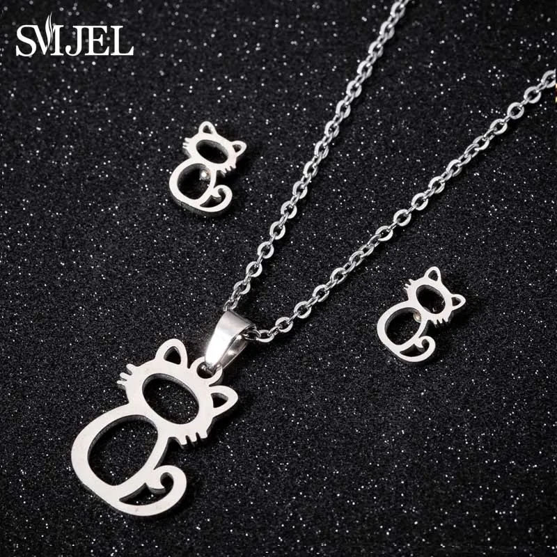 Lovely Gold Color Kitten Cat Stainless Steel Jewelry Set Necklaces Men Collares Fashion Hollow Cat Earring Necklace Paw Jewelry - Image 3