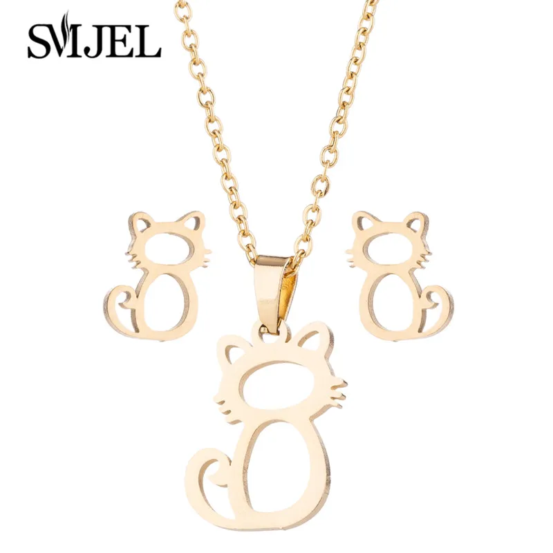 Lovely Gold Color Kitten Cat Stainless Steel Jewelry Set Necklaces Men Collares Fashion Hollow Cat Earring Necklace Paw Jewelry - Image 4