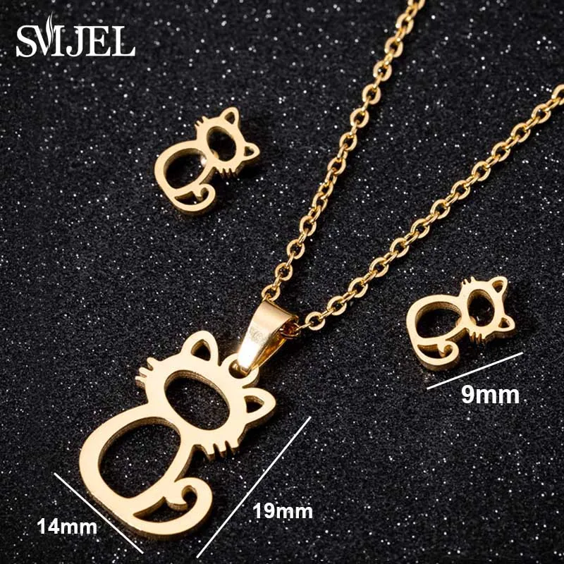 Lovely Gold Color Kitten Cat Stainless Steel Jewelry Set Necklaces Men Collares Fashion Hollow Cat Earring Necklace Paw Jewelry - Image 2