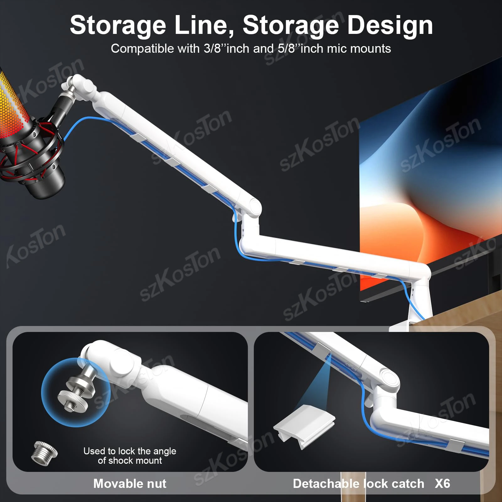 White Microphone Boom Arm Adjustable Low Profile Mic Stand with Extended Riser & Cable Management for SM7B MV7 AM8 K688 HyperX - Image 5