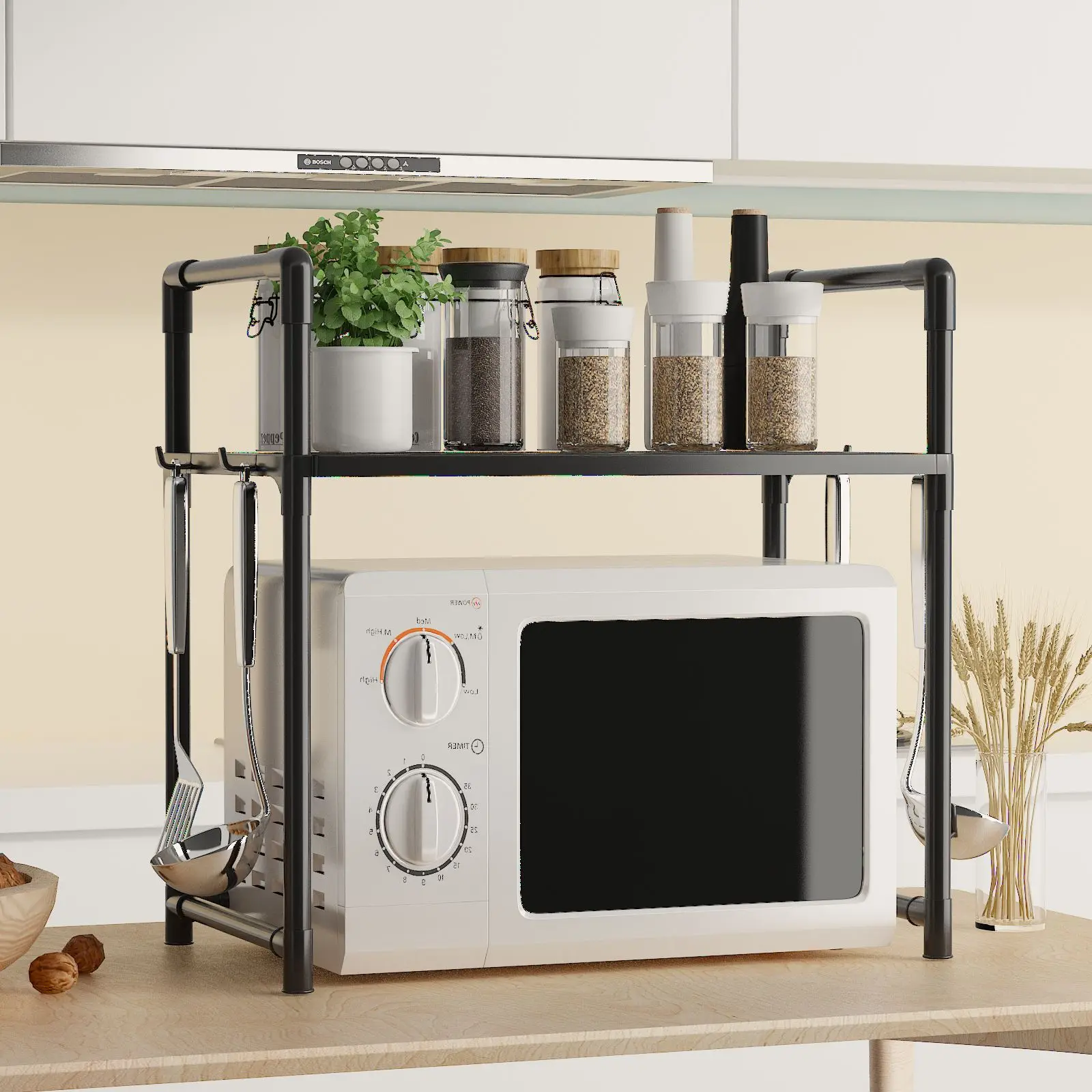 Extra Wide Microwave Stand - 2-Tier Heavy-Duty Kitchen Shelf for Oven Toaster & Spice Racks with Handrail Hooks Non-Slip - Image 6