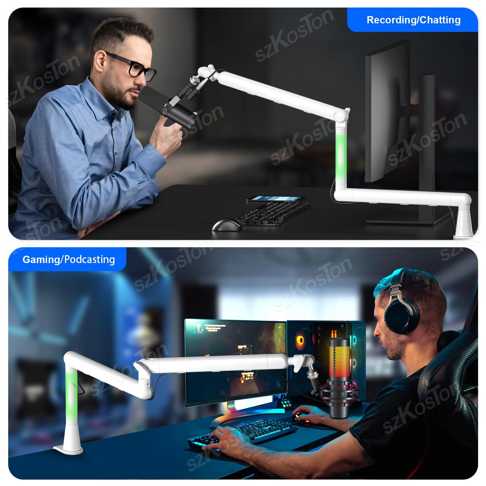 White Microphone Boom Arm Adjustable Low Profile Mic Stand with Extended Riser & Cable Management for SM7B MV7 AM8 K688 HyperX - Image 2