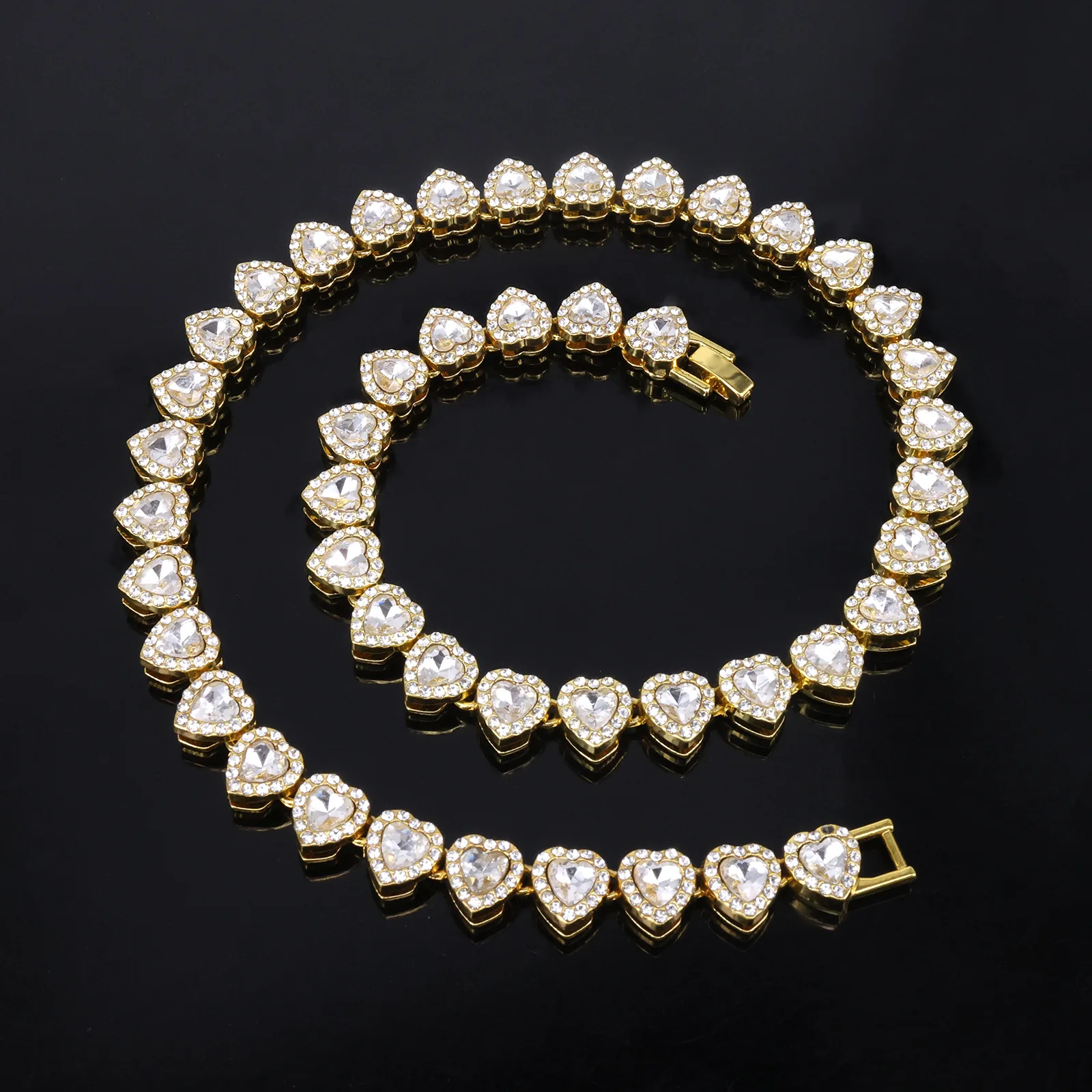 ZAKOL 45CM New Hip Hop Tennis Chain Bracelet Necklace Shiny Heart Rhinestone CZ Fashion Rock Party Jewelry Set