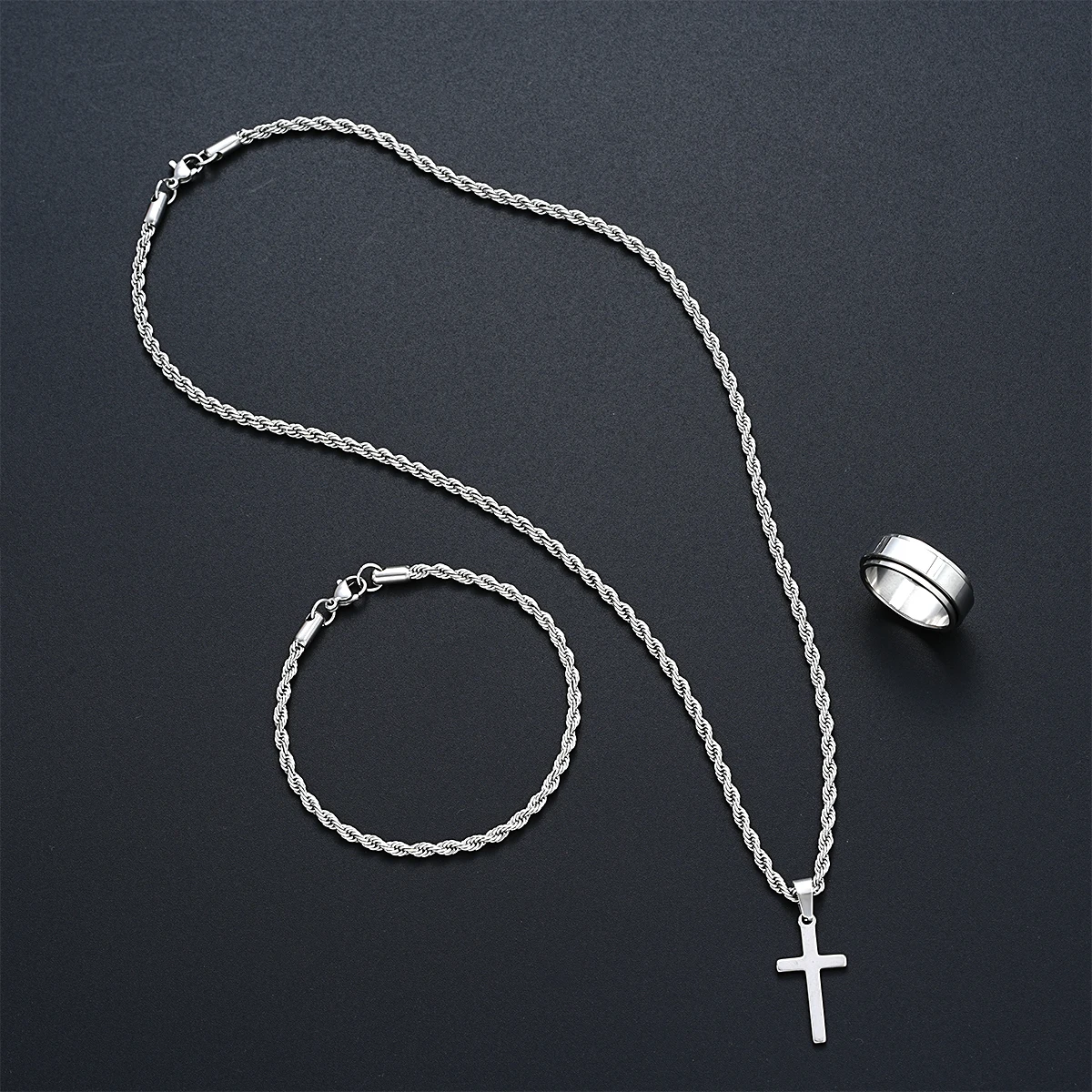 Stainless Steel Simple Jewelry Set For Men Women Fashion Silver Color Cross Pendant Twisted Rope Necklace Bracelets Ring Gifts - Image 3