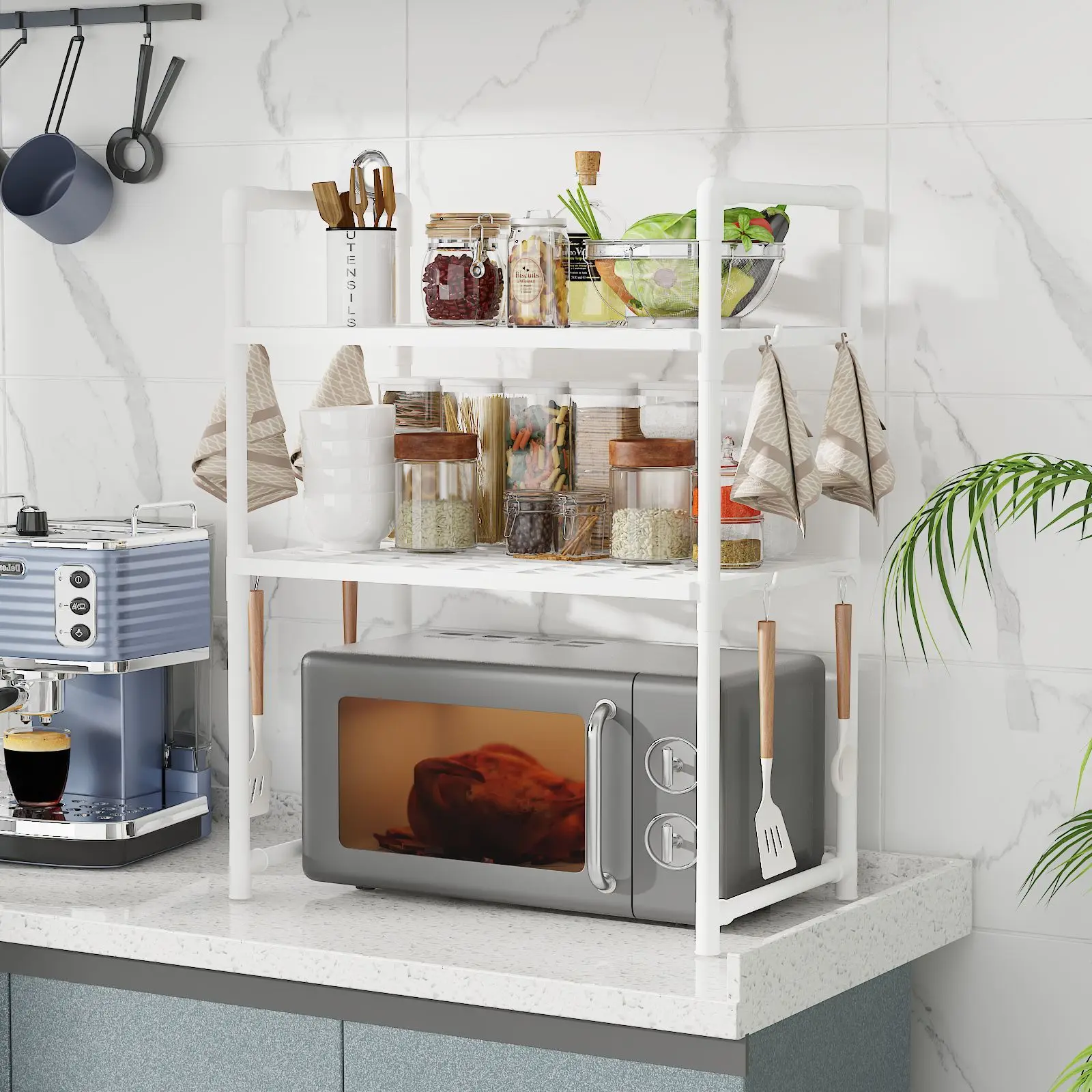 Extra Wide Microwave Stand - 2-Tier Heavy-Duty Kitchen Shelf for Oven Toaster & Spice Racks with Handrail Hooks Non-Slip - Image 5