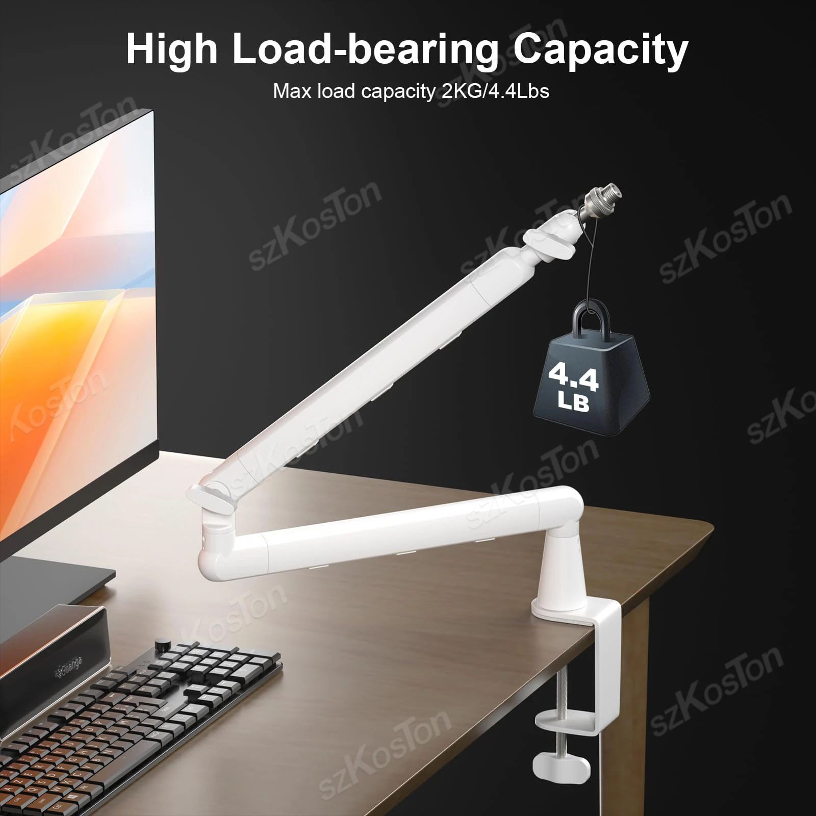 White Microphone Boom Arm Adjustable Low Profile Mic Stand with Extended Riser & Cable Management for SM7B MV7 AM8 K688 HyperX - Image 3