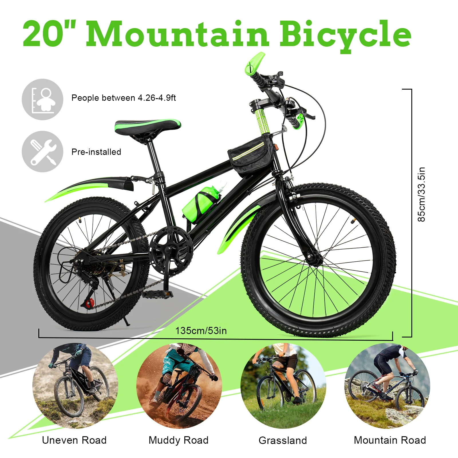 20 Inch Mountain Bike 7 Speed Gears, Adjustable Seat Kids' Bike with Mudguards Kettle Holder Kettle for Boys Girls 8-13 years - Image 4