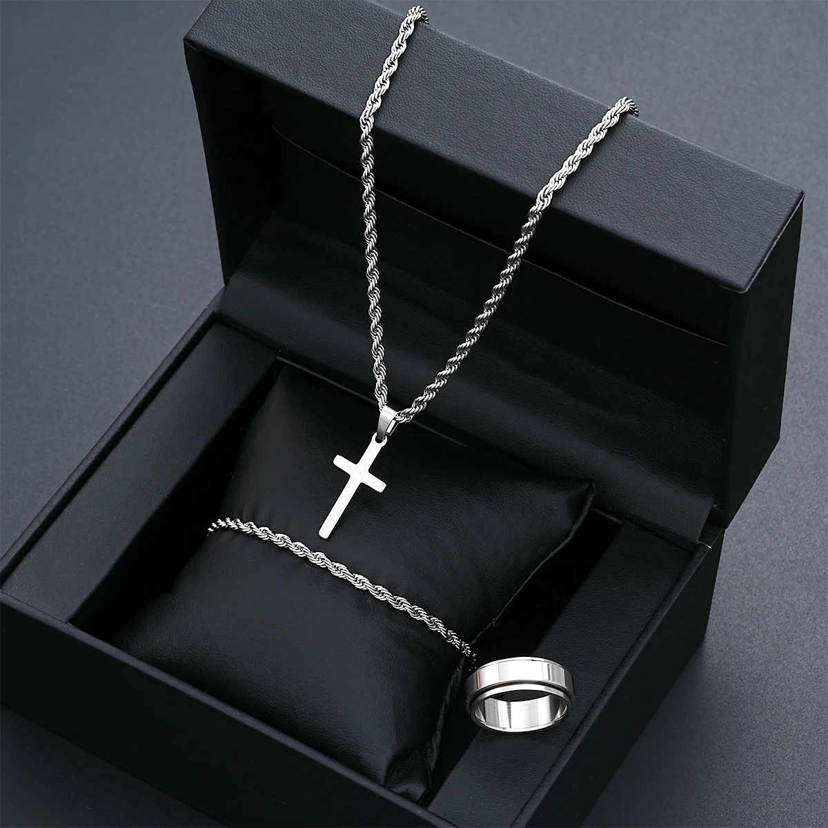 Stainless Steel Simple Jewelry Set For Men Women Fashion Silver Color Cross Pendant Twisted Rope Necklace Bracelets Ring Gifts - Image 4