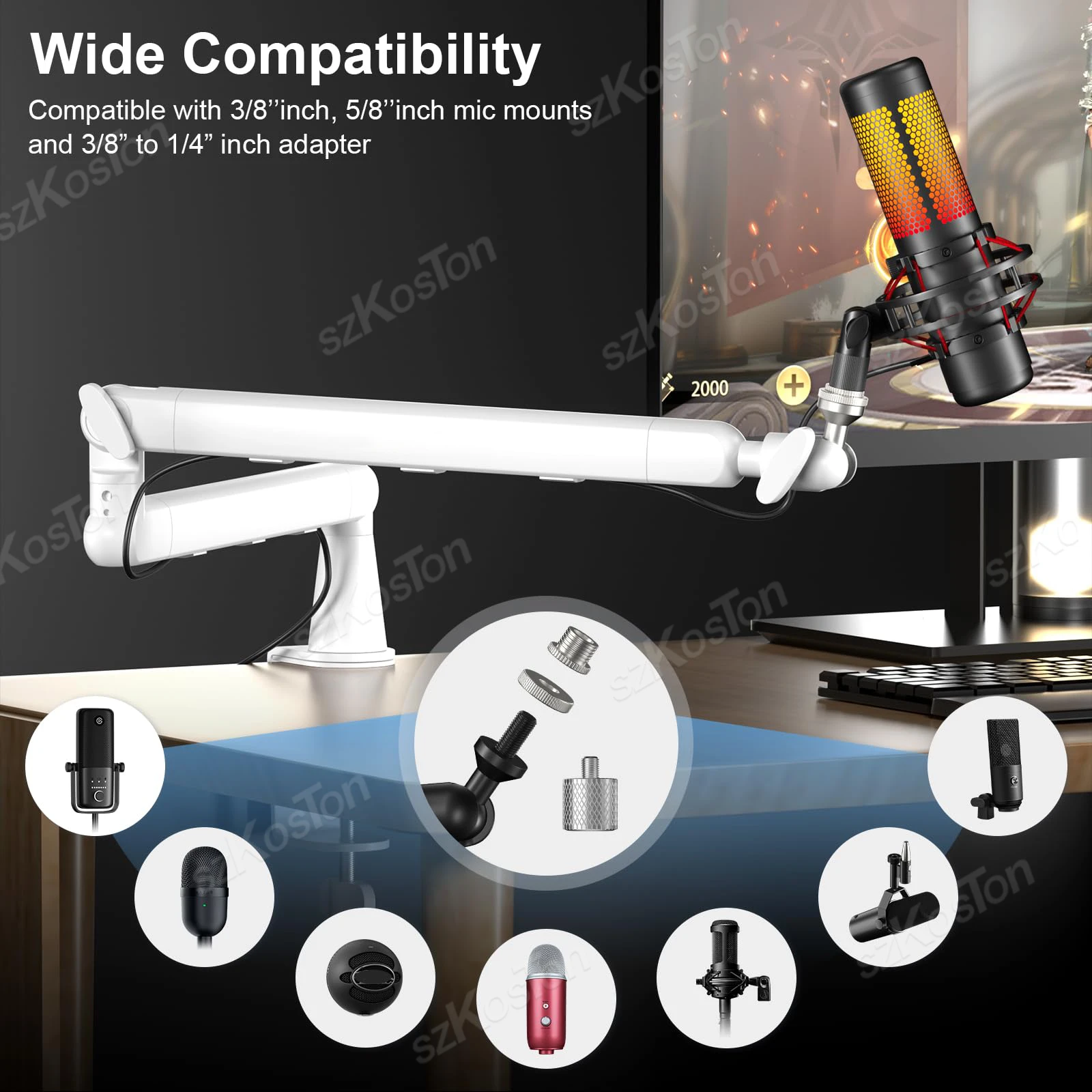 White Microphone Boom Arm Adjustable Low Profile Mic Stand with Extended Riser & Cable Management for SM7B MV7 AM8 K688 HyperX - Image 4