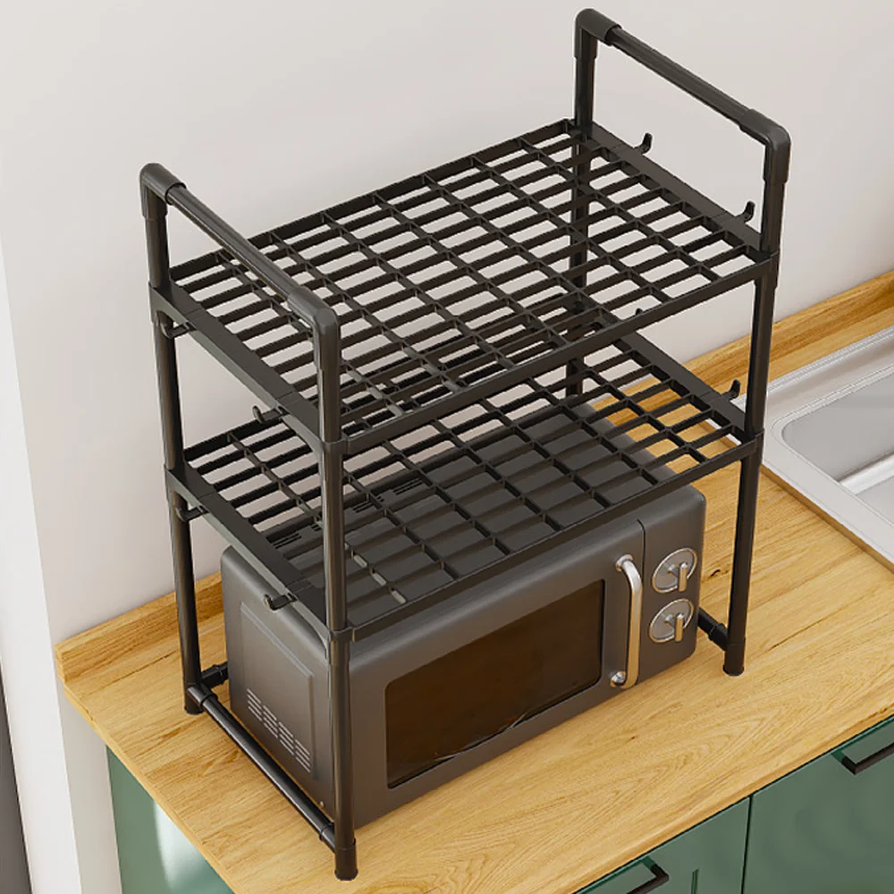 Extra Wide Microwave Stand - 2-Tier Heavy-Duty Kitchen Shelf for Oven Toaster & Spice Racks with Handrail Hooks Non-Slip - Image 3