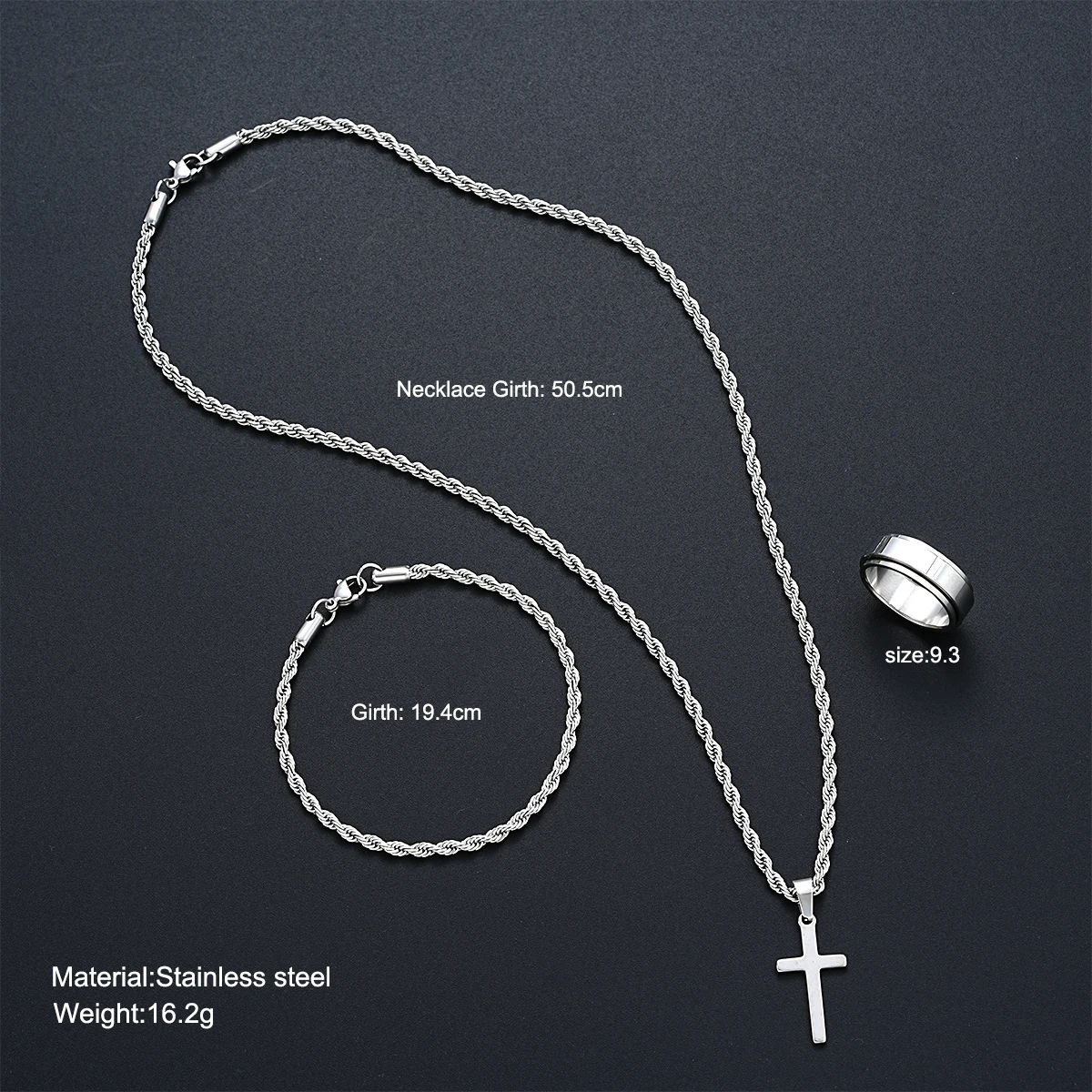 Stainless Steel Simple Jewelry Set For Men Women Fashion Silver Color Cross Pendant Twisted Rope Necklace Bracelets Ring Gifts - Image 6