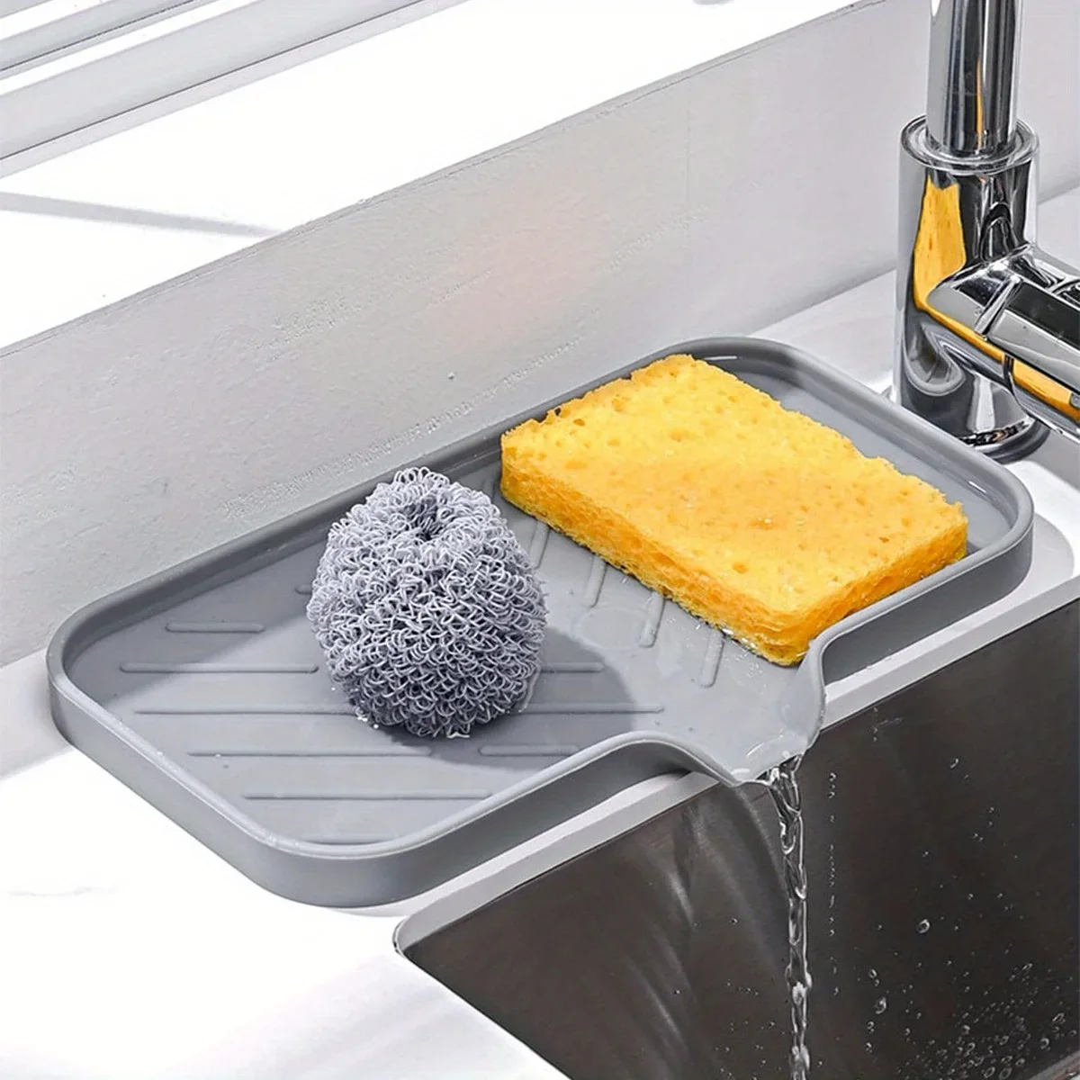 Multifunctional Silicone Sink Tray with Drain - Soap Holder, Sponge & Brush Organizer for Kitchen & Bathroom - Image 3