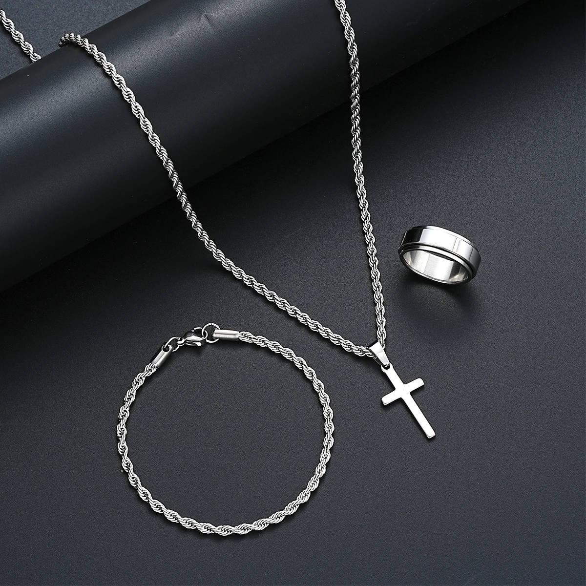 Stainless Steel Simple Jewelry Set For Men Women Fashion Silver Color Cross Pendant Twisted Rope Necklace Bracelets Ring Gifts - Image 7