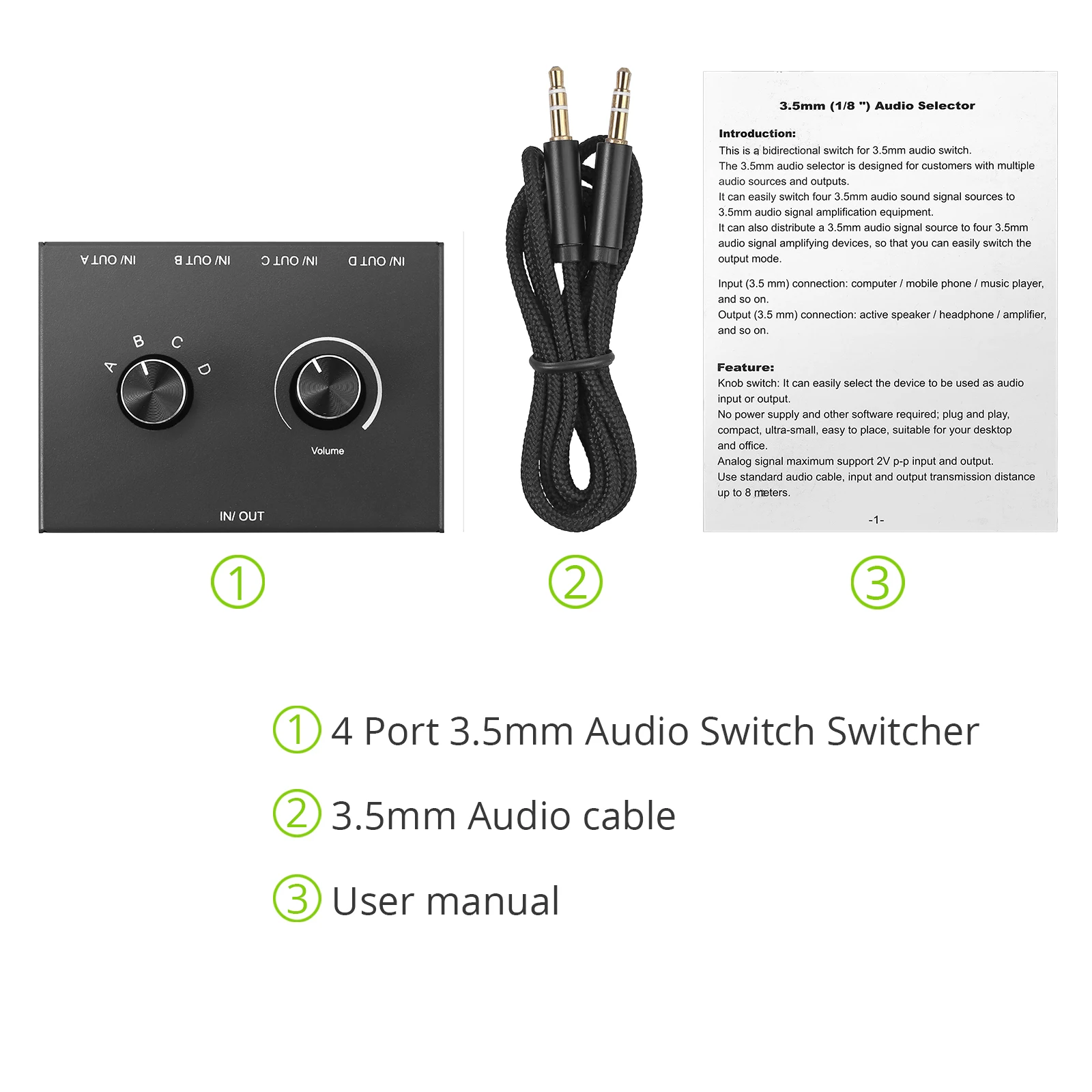 4 Way/2 Way 3.5mm Stereo Audio Switcher Bi-Directional Audio Switch Splitter Box 2x1/1x2 4x1/1x4 Switcher with Mute Button - Image 6