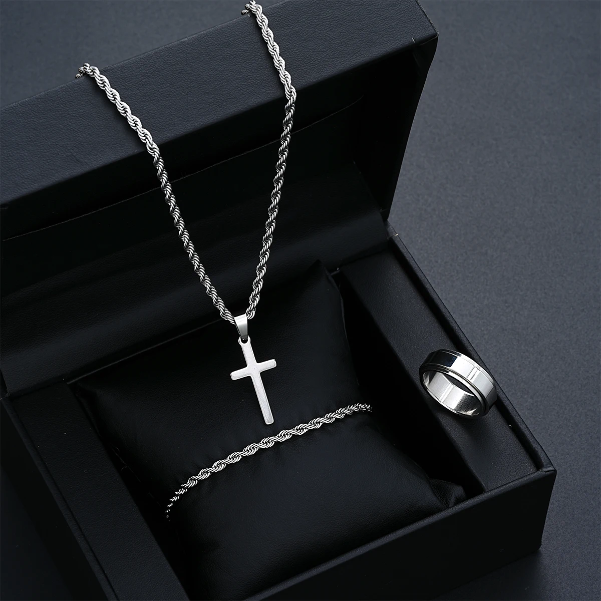 Stainless Steel Simple Jewelry Set For Men Women Fashion Silver Color Cross Pendant Twisted Rope Necklace Bracelets Ring Gifts - Image 5