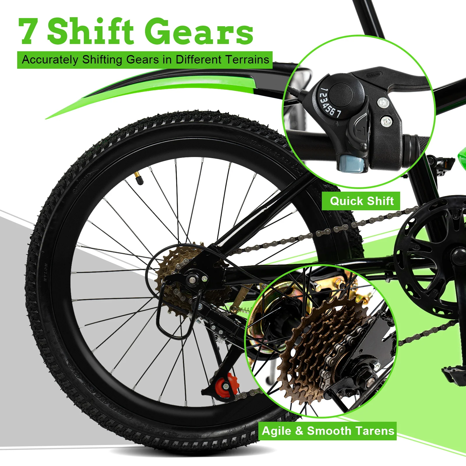 20 Inch Mountain Bike 7 Speed Gears, Adjustable Seat Kids' Bike with Mudguards Kettle Holder Kettle for Boys Girls 8-13 years - Image 6