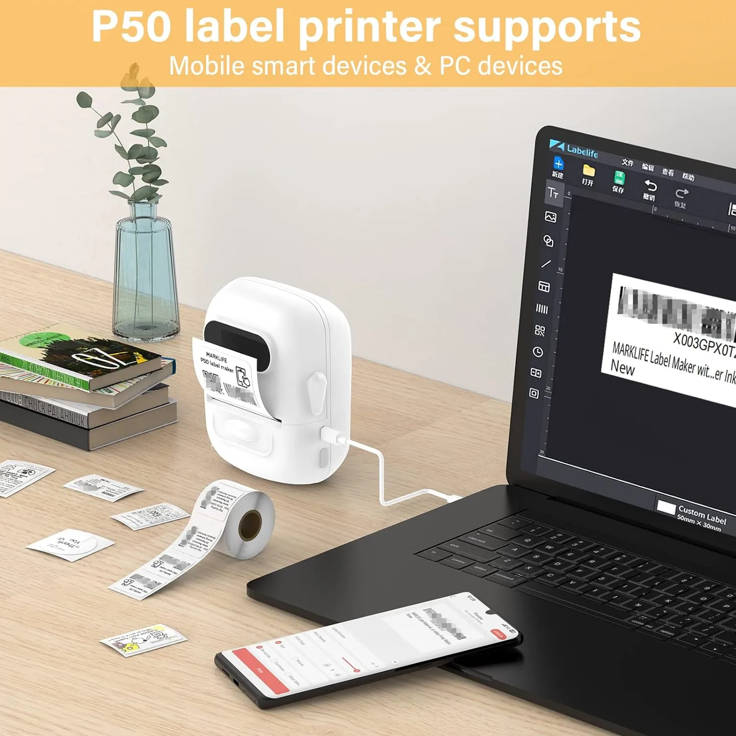 Wireless Label Printer P50 Inkless Bluetooth Thermal Label Maker Adhesive Label Sticker Machine DIY Pattern Barcode QR Code Tape - Image 4
