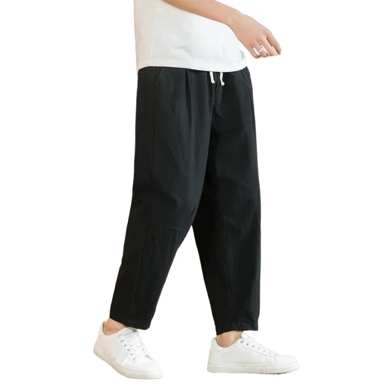 New Cotton Linen Mens Pants Casual Solid Color Breathable Streetwear Loose Straight Drawstring Baggy Lightweight Sport Pants - Image 4