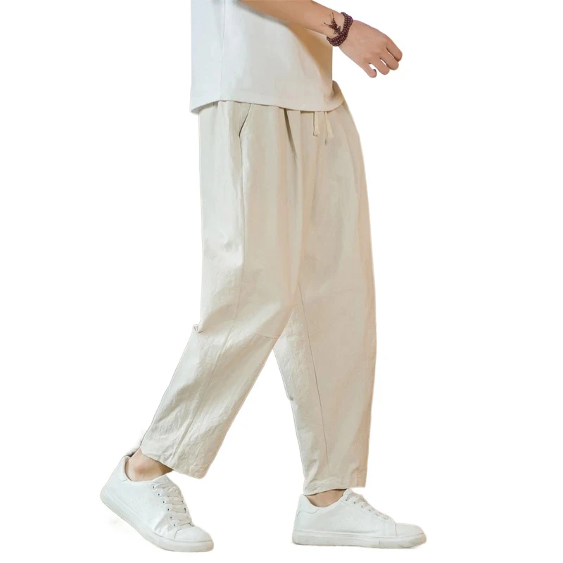 New Cotton Linen Mens Pants Casual Solid Color Breathable Streetwear Loose Straight Drawstring Baggy Lightweight Sport Pants - Image 5