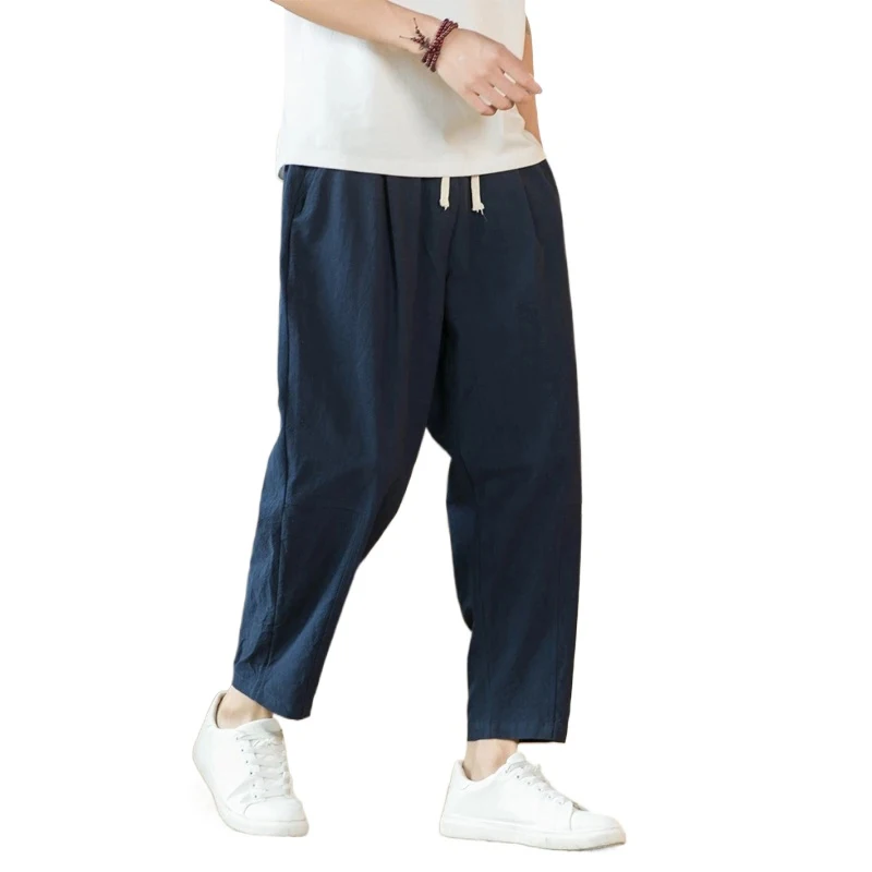 New Cotton Linen Mens Pants Casual Solid Color Breathable Streetwear Loose Straight Drawstring Baggy Lightweight Sport Pants - Image 2