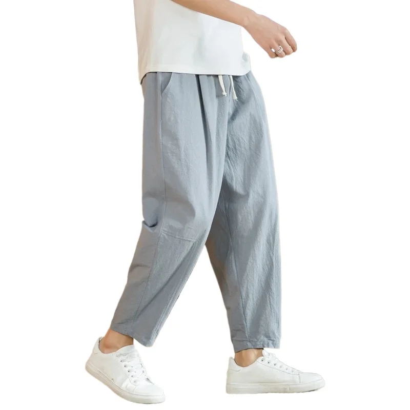 New Cotton Linen Mens Pants Casual Solid Color Breathable Streetwear Loose Straight Drawstring Baggy Lightweight Sport Pants - Image 3